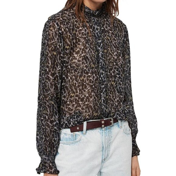 AllSaints Louise Waterleo Satin Semi Sheer Leopard Print Button Up Blouse Small - Picture 1 of 8